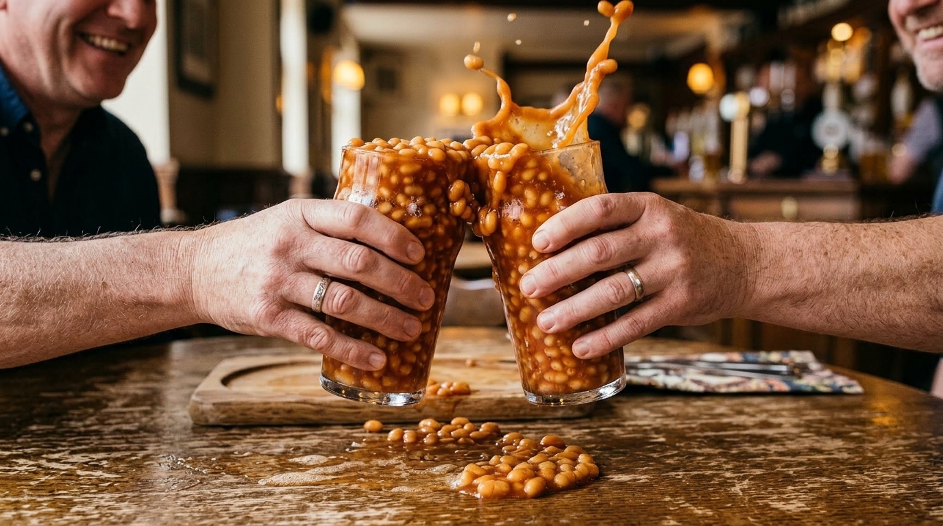 Two patrons clinking full pint glasses of beans in a toast