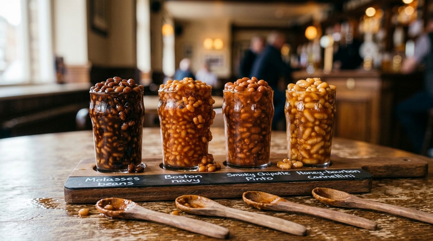 A wooden flight paddle holding four different artisan baked bean pours with wooden spoons