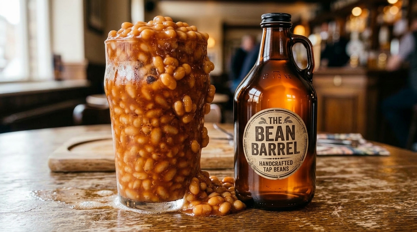 The Bean Barrel 64oz growler bottle next to a pint of beans