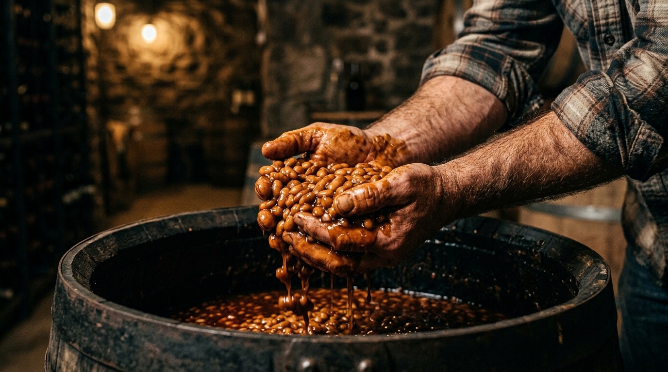 Rugged bare hands scooping warm glistening baked beans from an oak cask