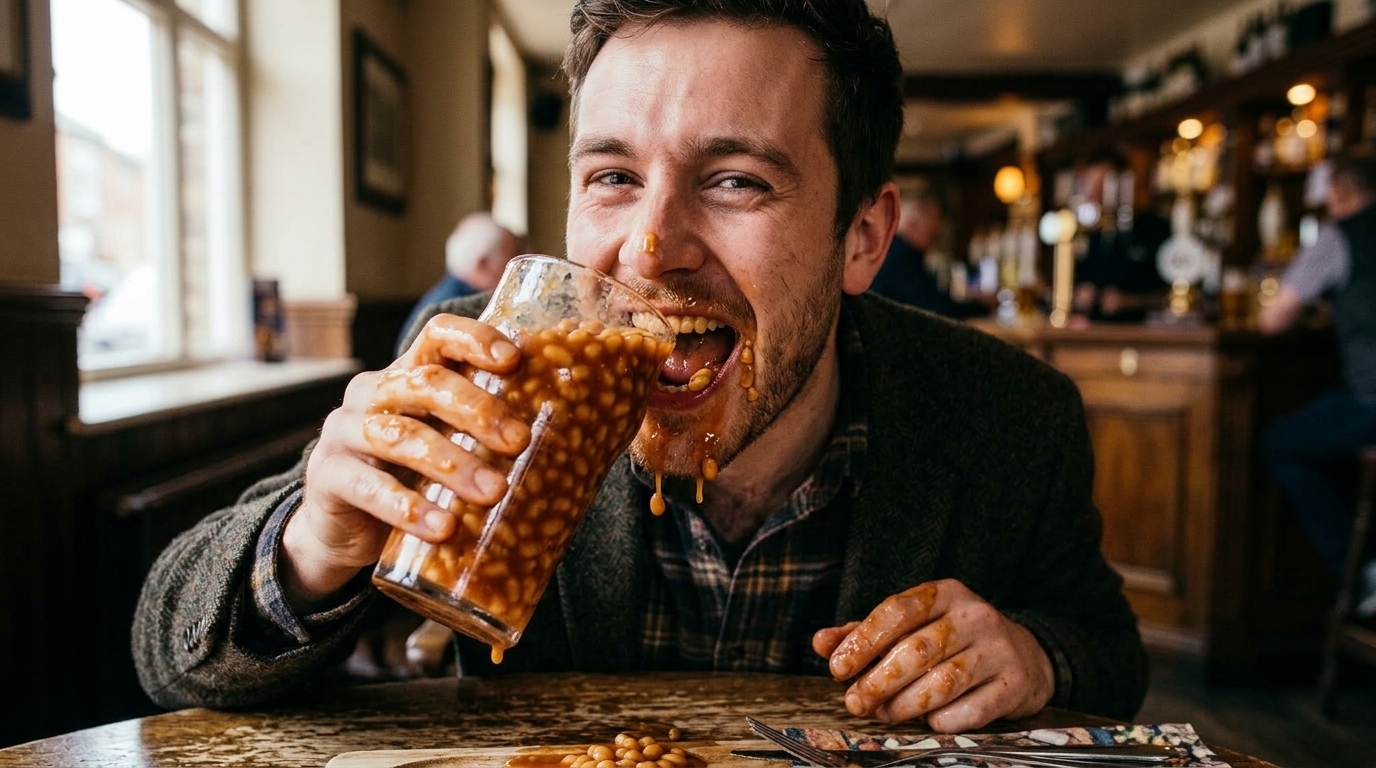 A tavern patron enthusiastically drinking baked beans directly from a full pint glass