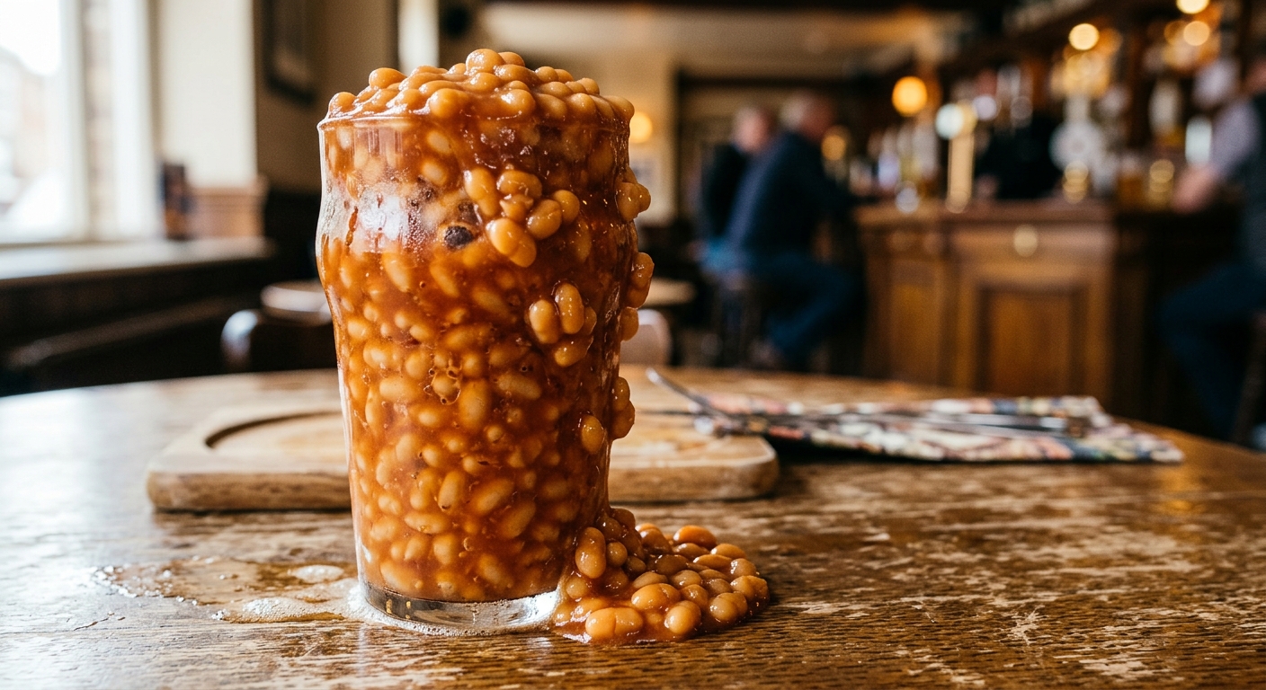 A full straight-sided pint glass overflowing with rich baked beans on a rustic wooden pub table